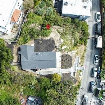 an aerial view of a house with a yard and potted plants