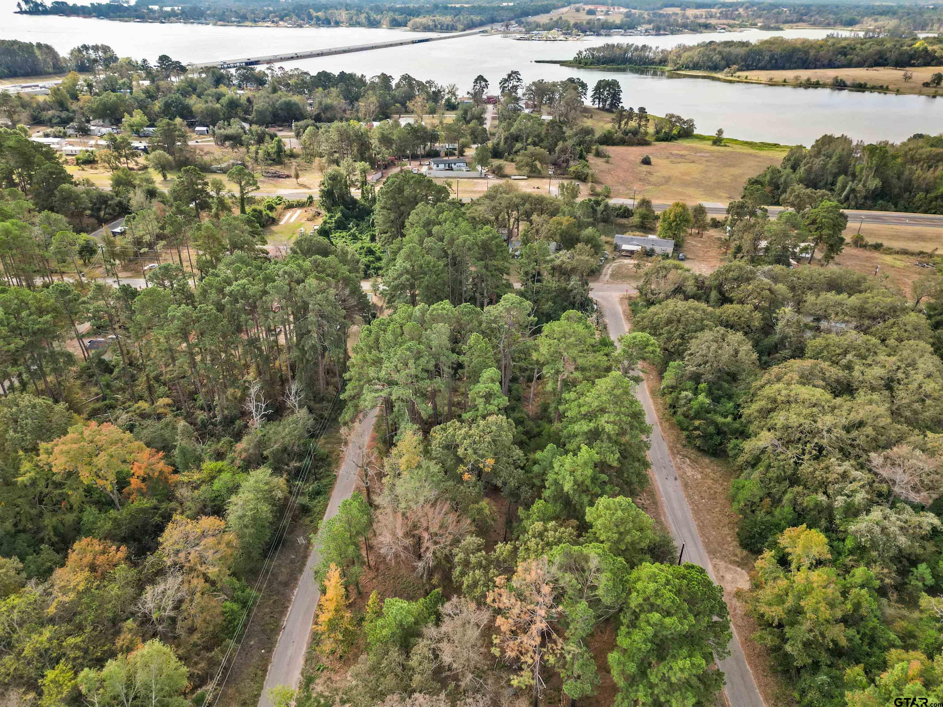 an aerial view of residential houses with outdoor space and trees