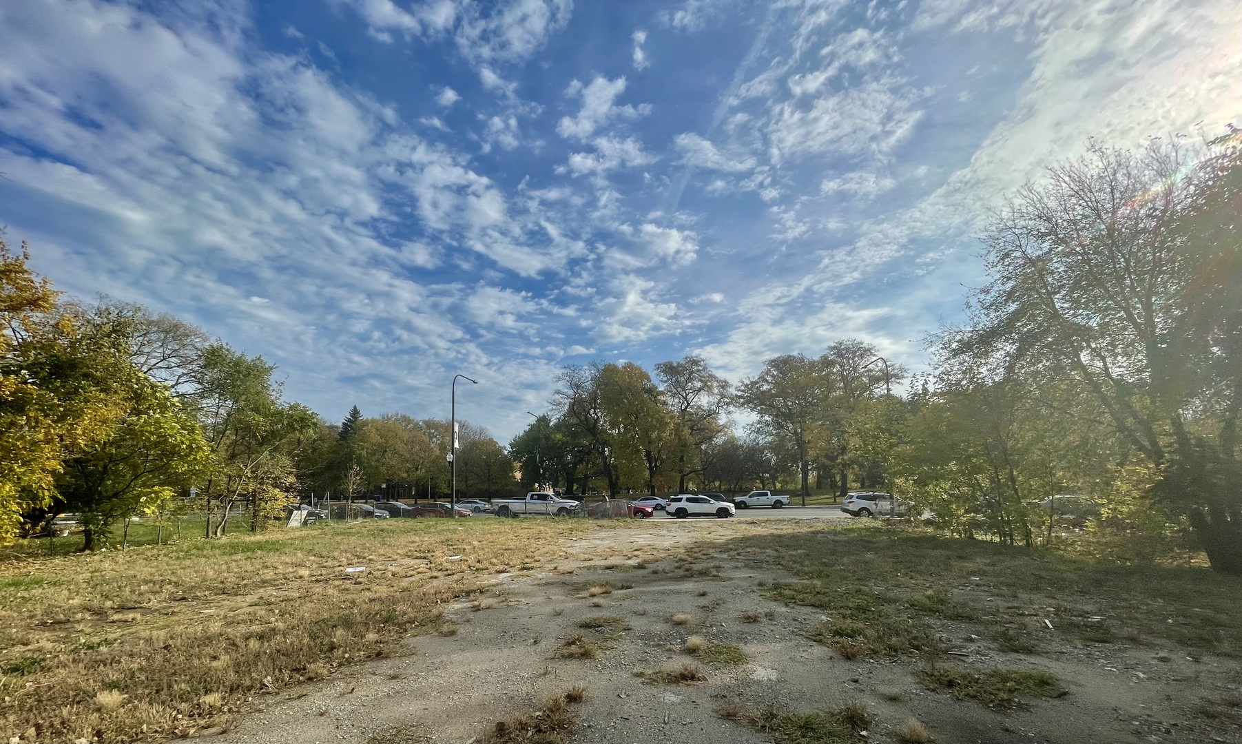 a view of a field with trees in background