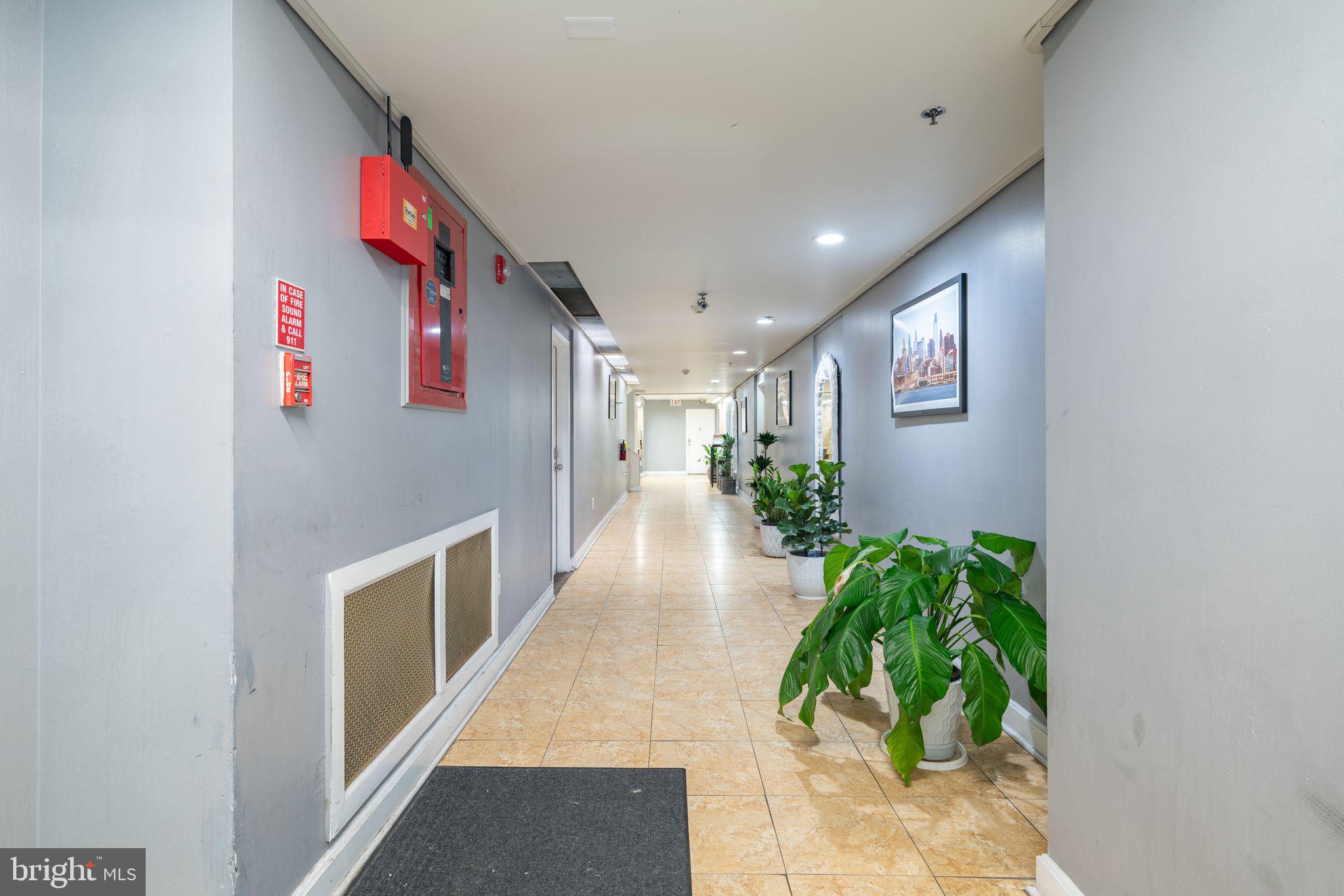 a hallway with painting and flowers