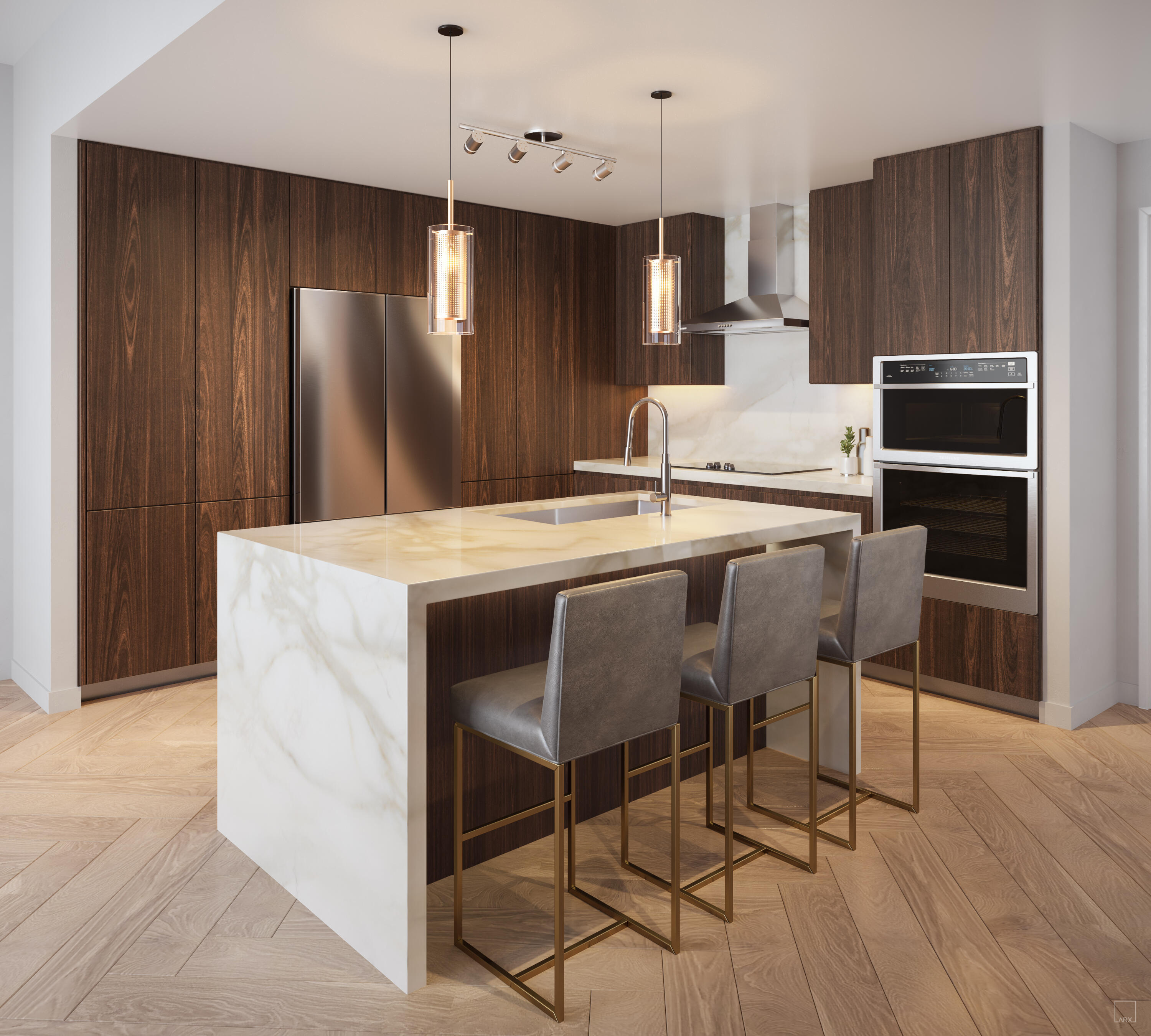 a kitchen with kitchen island white cabinets and stainless steel appliances