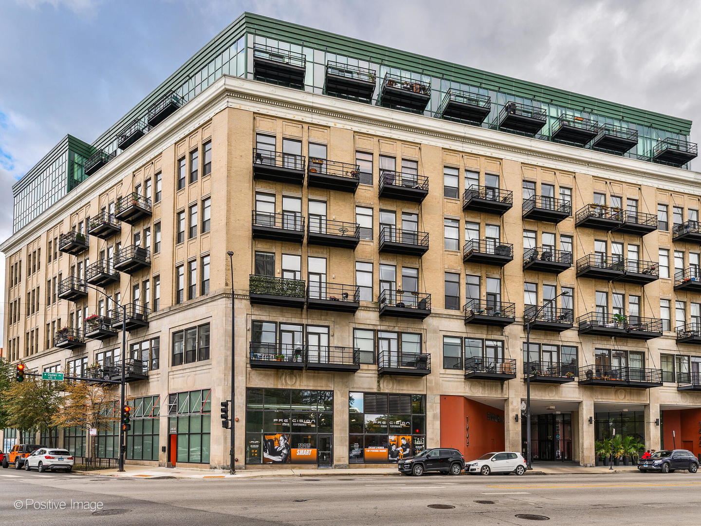 a front view of a building with street view