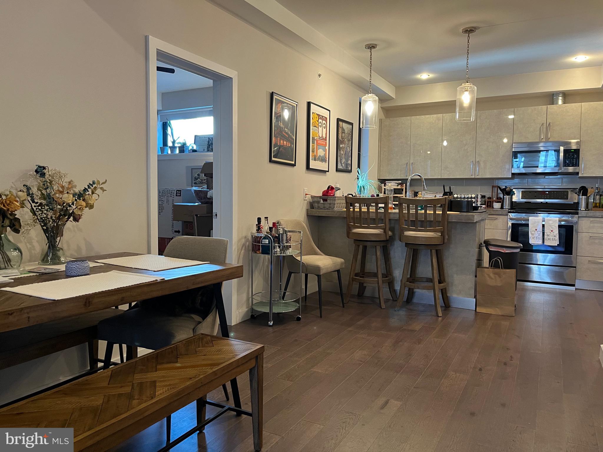 a view of a dining room with furniture