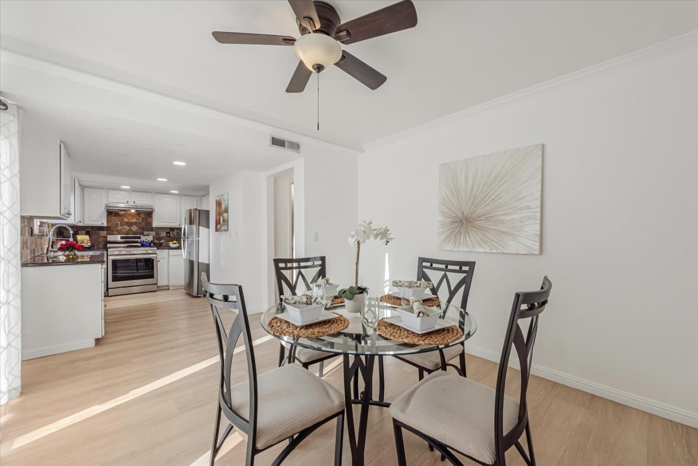 a view of a dining room with furniture