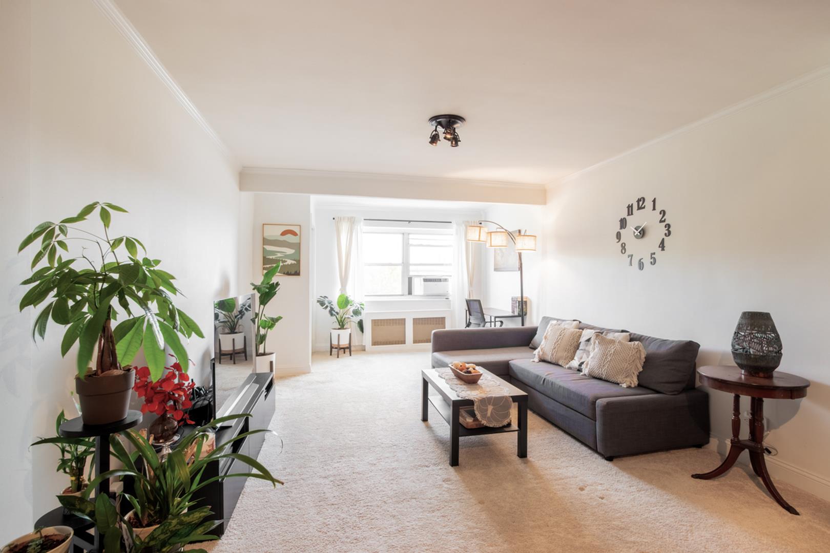 a living room with furniture potted plant and a large window