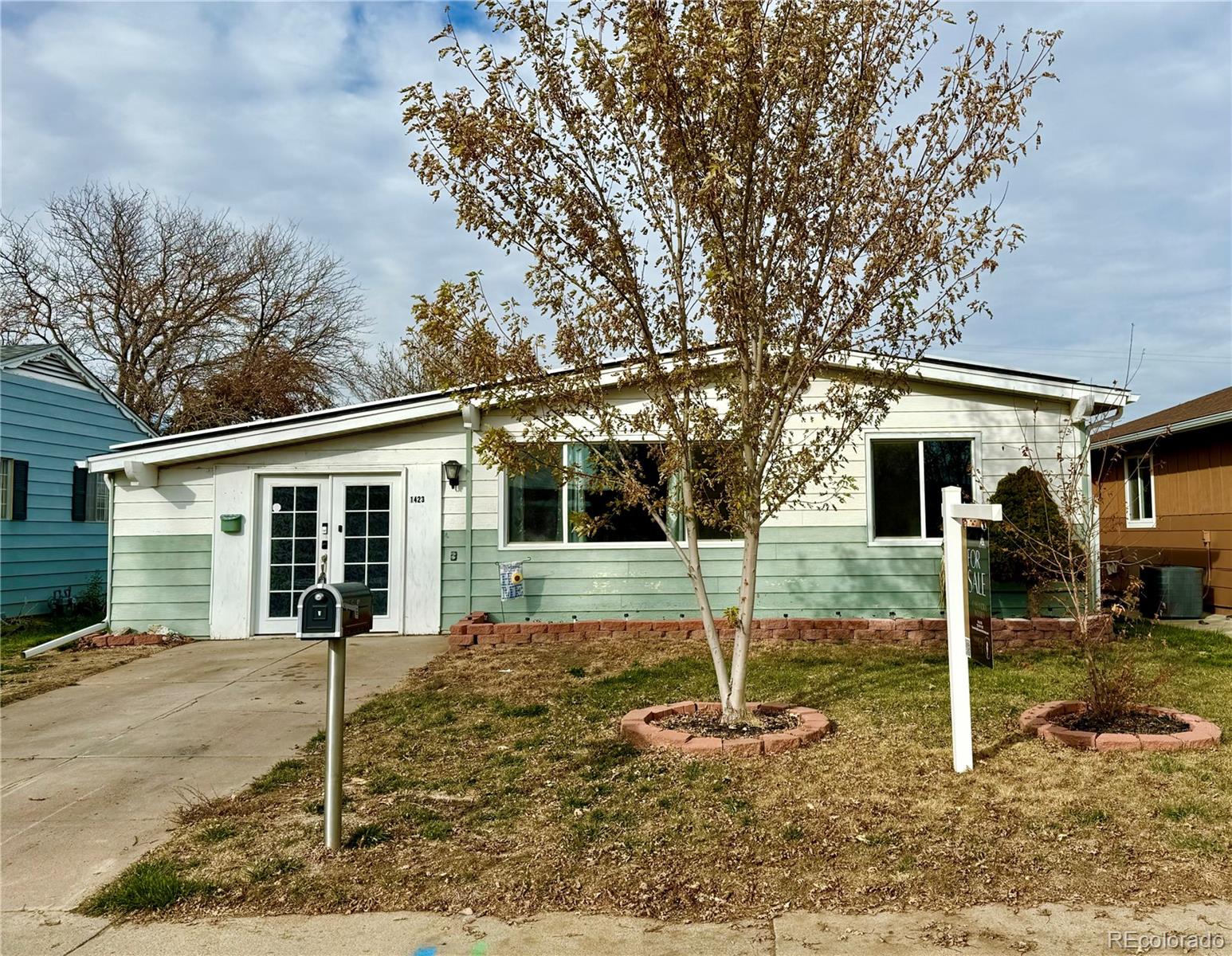 a view of a house with a yard and large tree