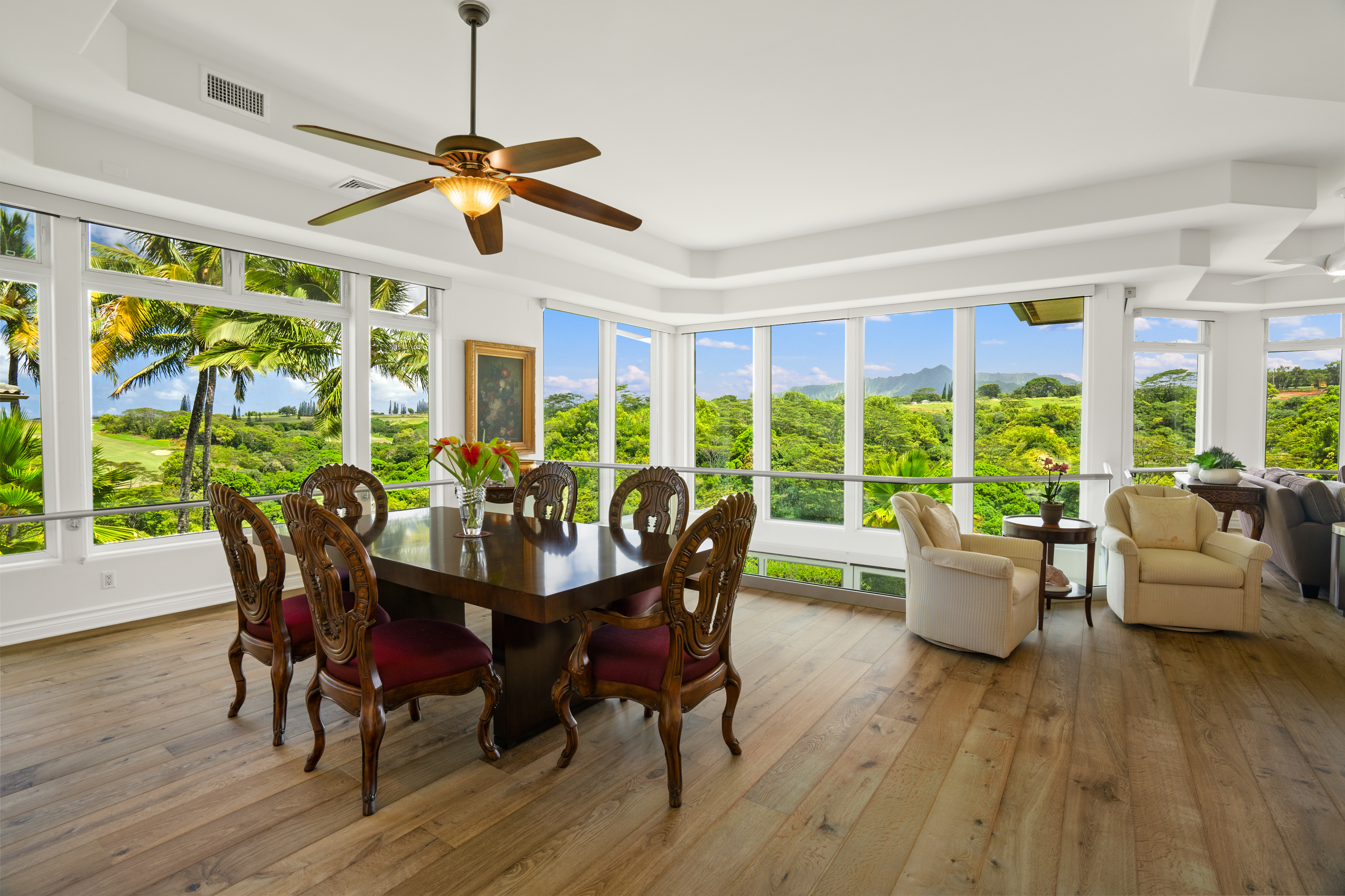 a view of a dining room with furniture window and outside view