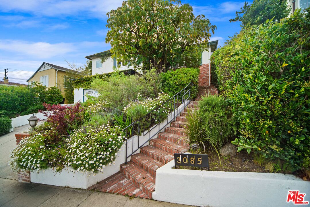 a view of a garden with a flower garden