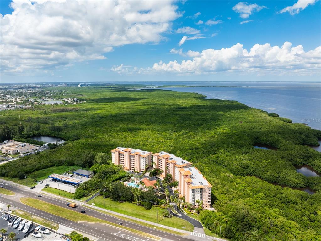 a view of a lake with a big yard