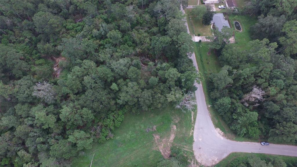 an aerial view of residential houses with outdoor space and trees all around