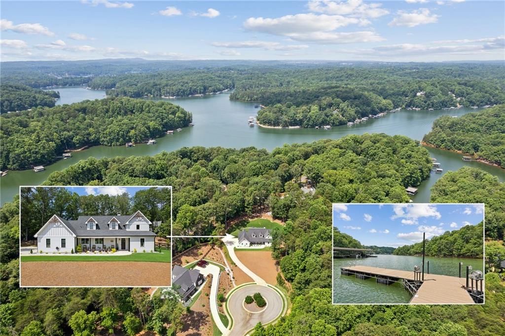 an aerial view of a house with pool lake view and mountain view