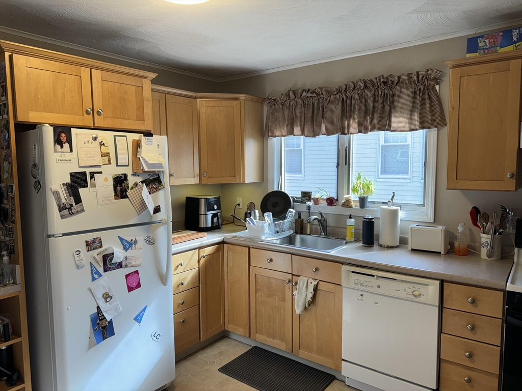 a kitchen with refrigerator a sink a window and cabinets