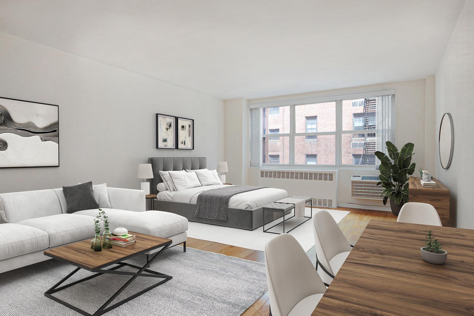 a living room with furniture potted plant and window