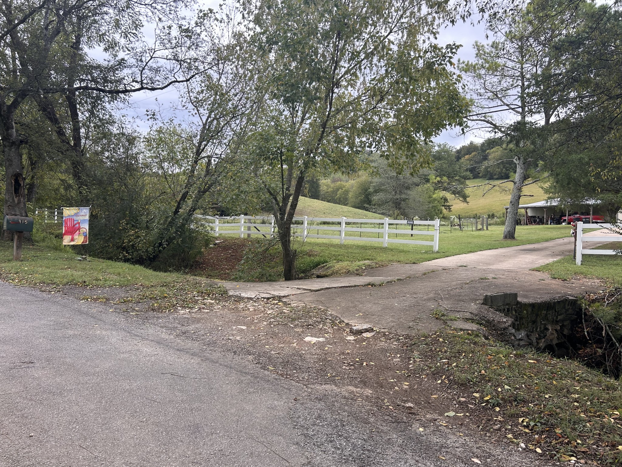 a view of a park with large trees