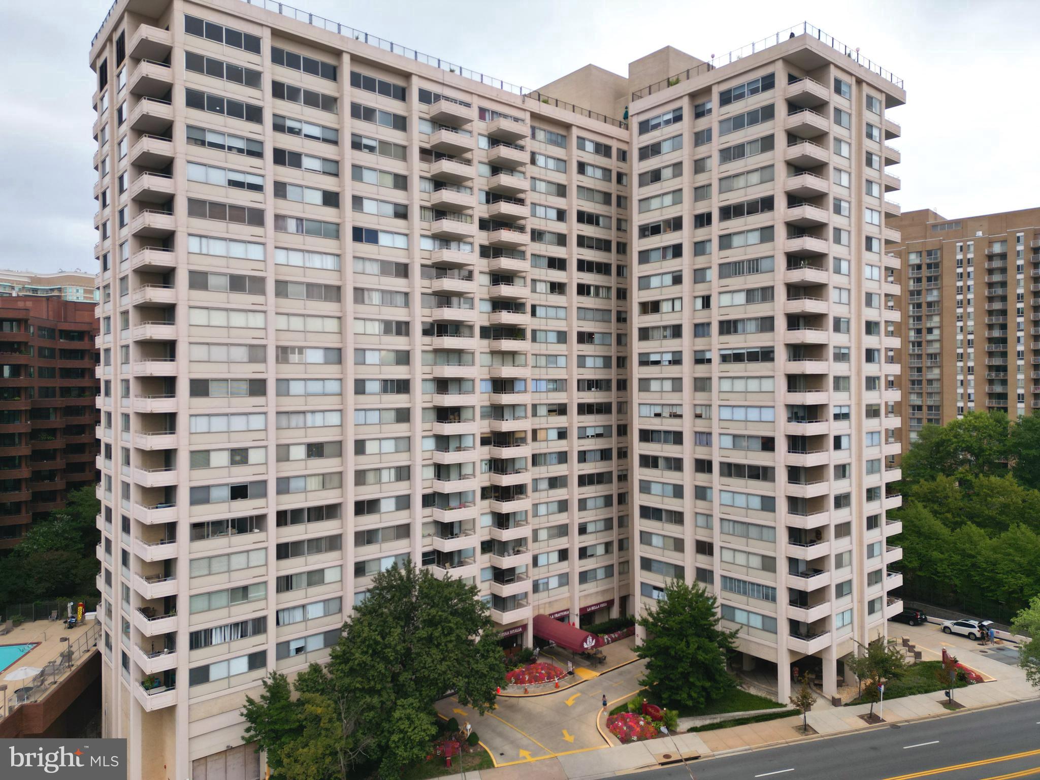 a view of a building with a street