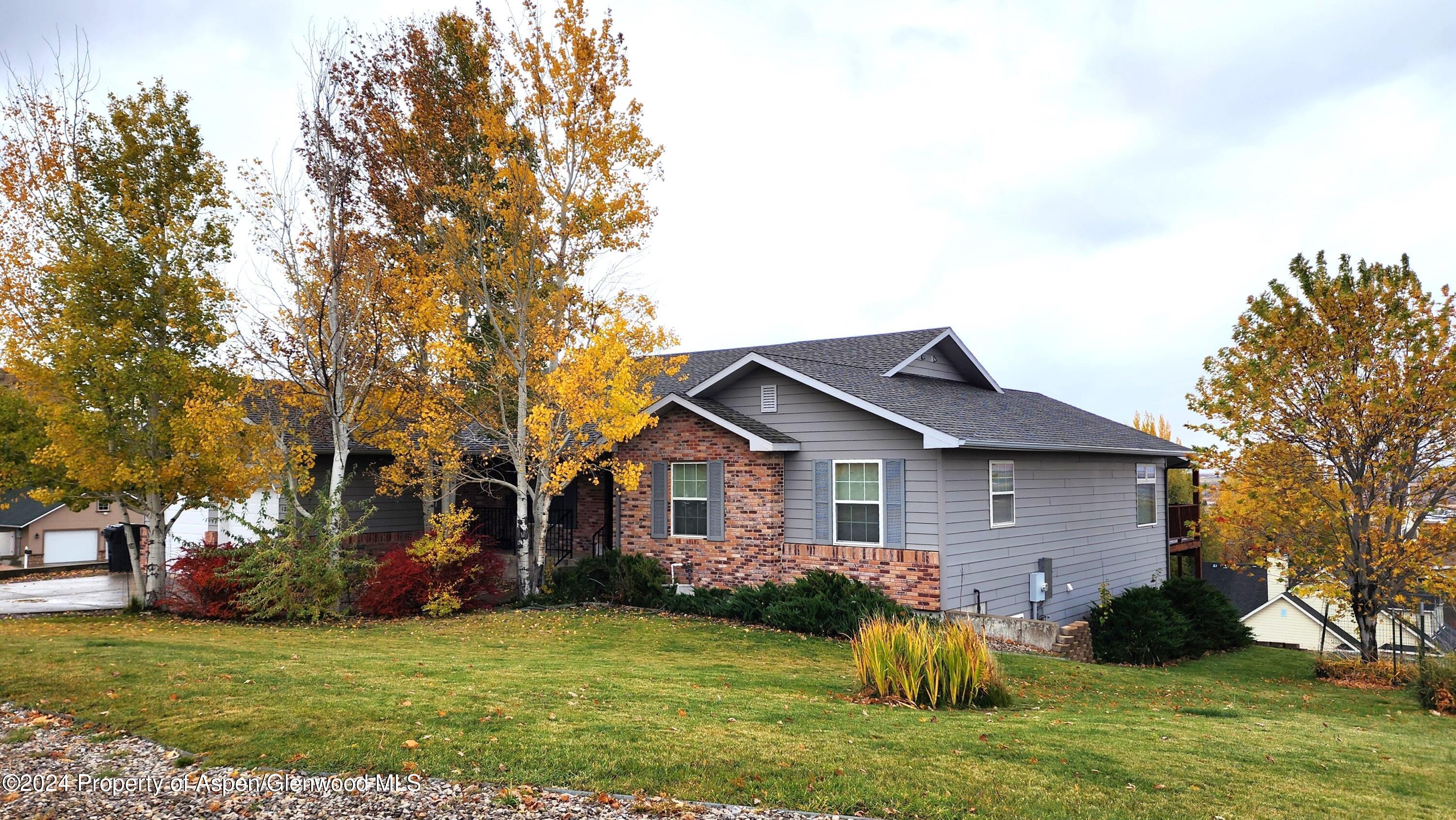 a view of a yard in front of a house with plants and large tree