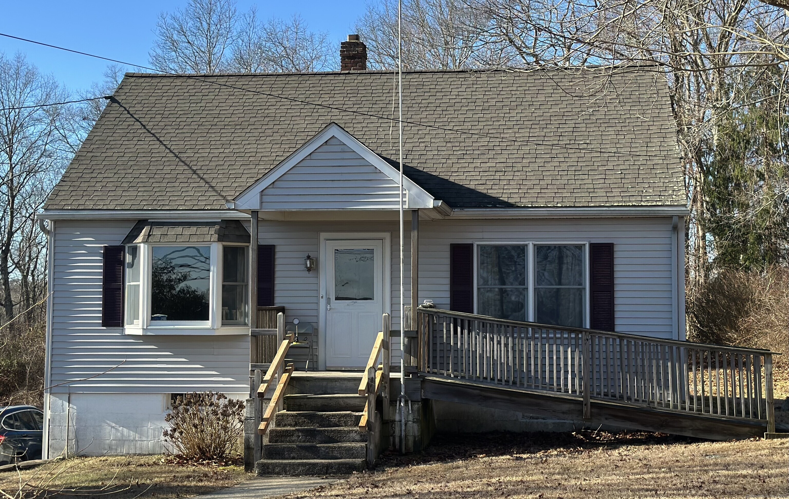 a porch with seating space