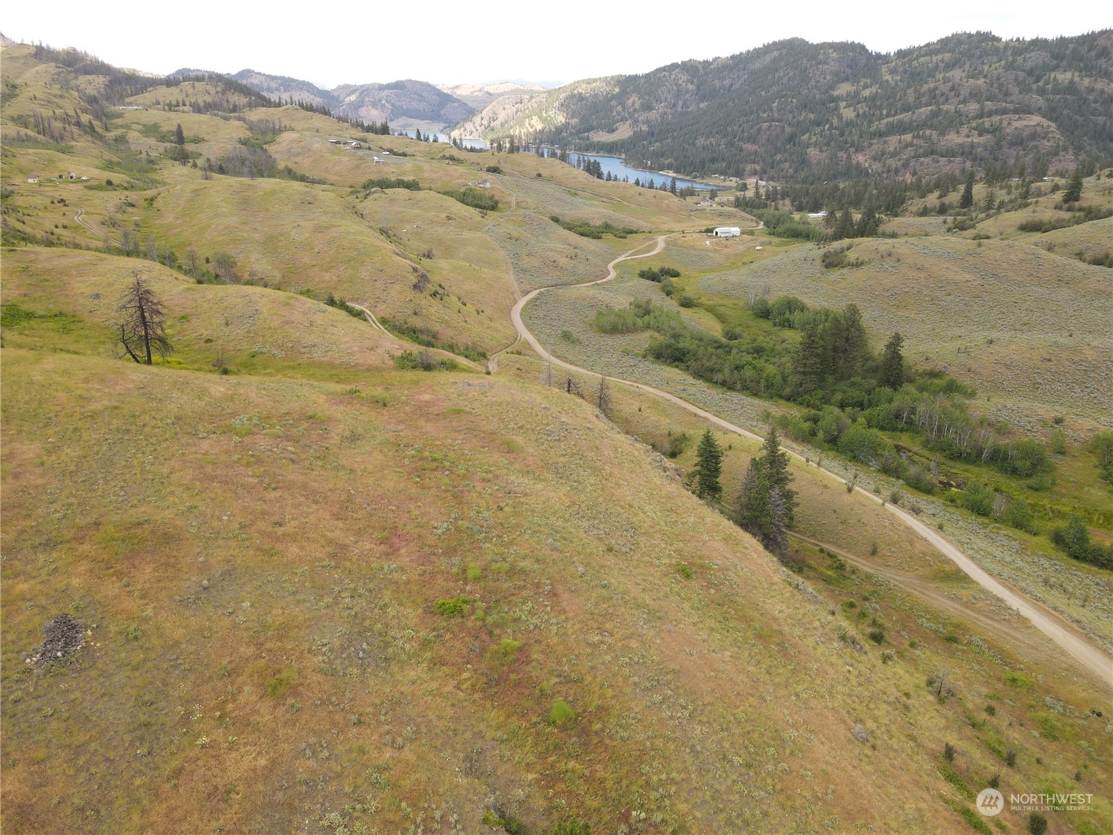 a view of a dry yard with mountains in the background