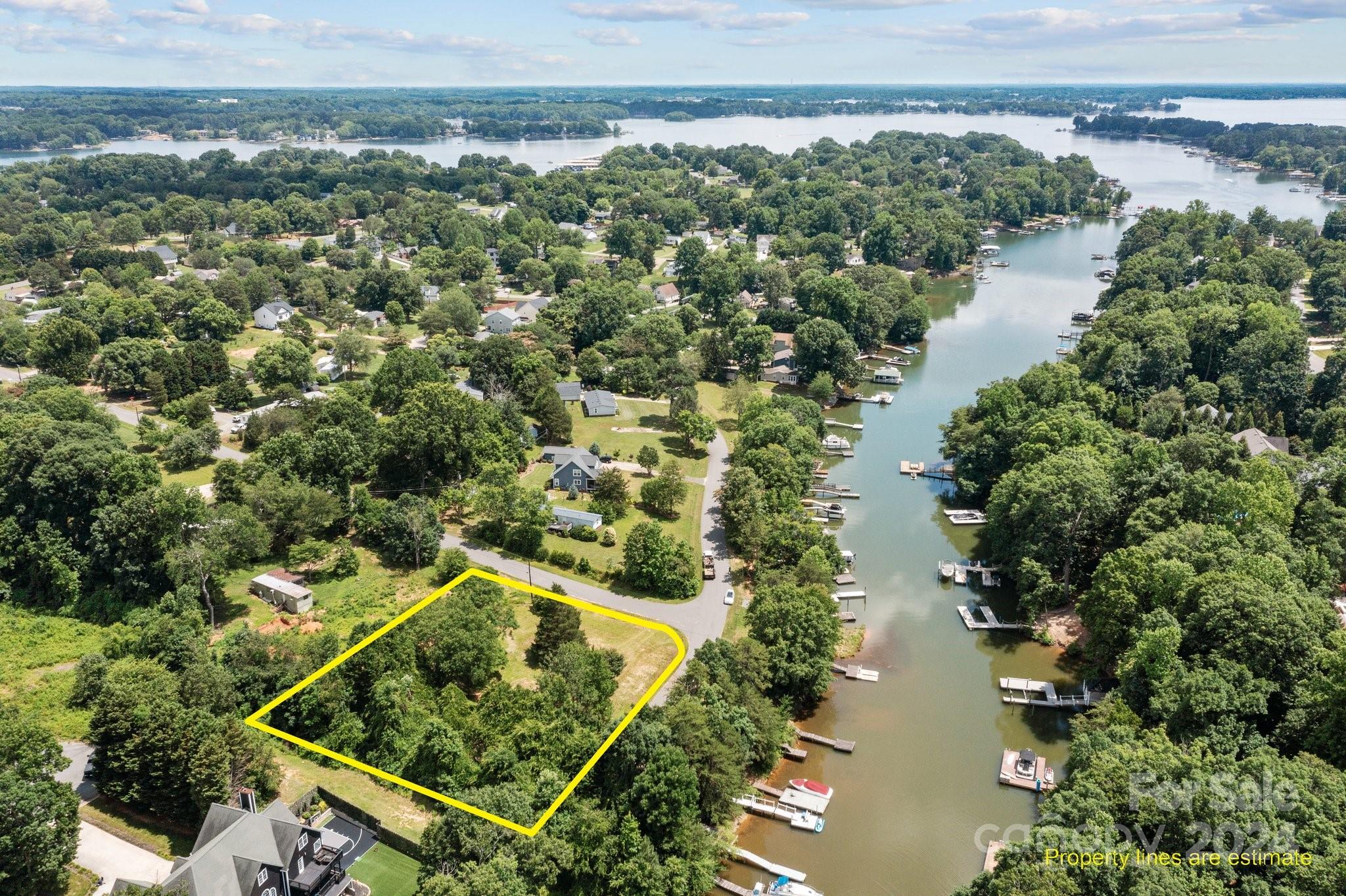 an aerial view of a residential houses with outdoor space and lake view