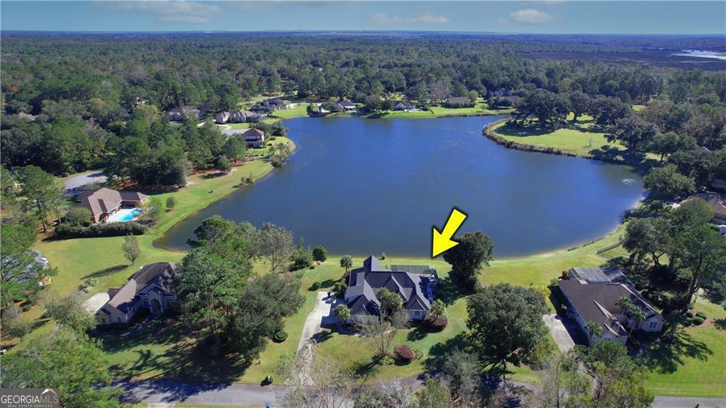 an aerial view of a house with a garden and a swimming pool