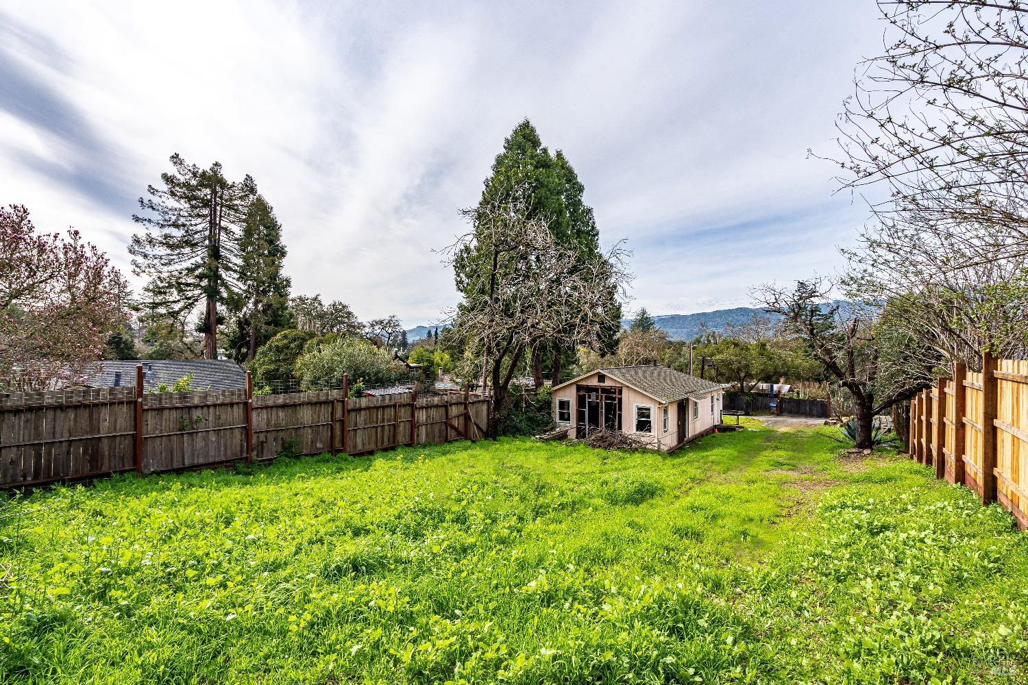 a view of a house with a big yard and large trees