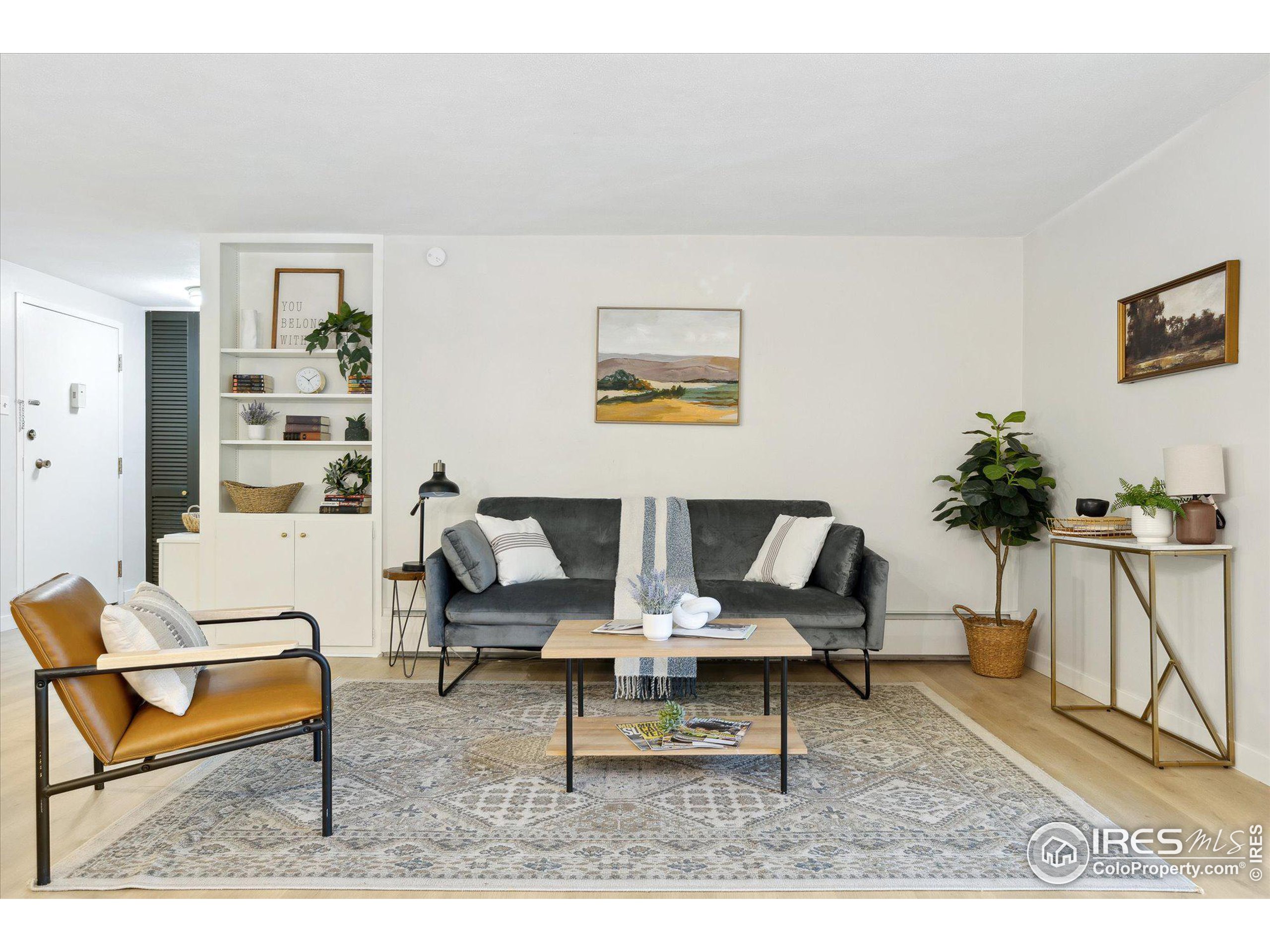 a living room with furniture a rug and a potted plant