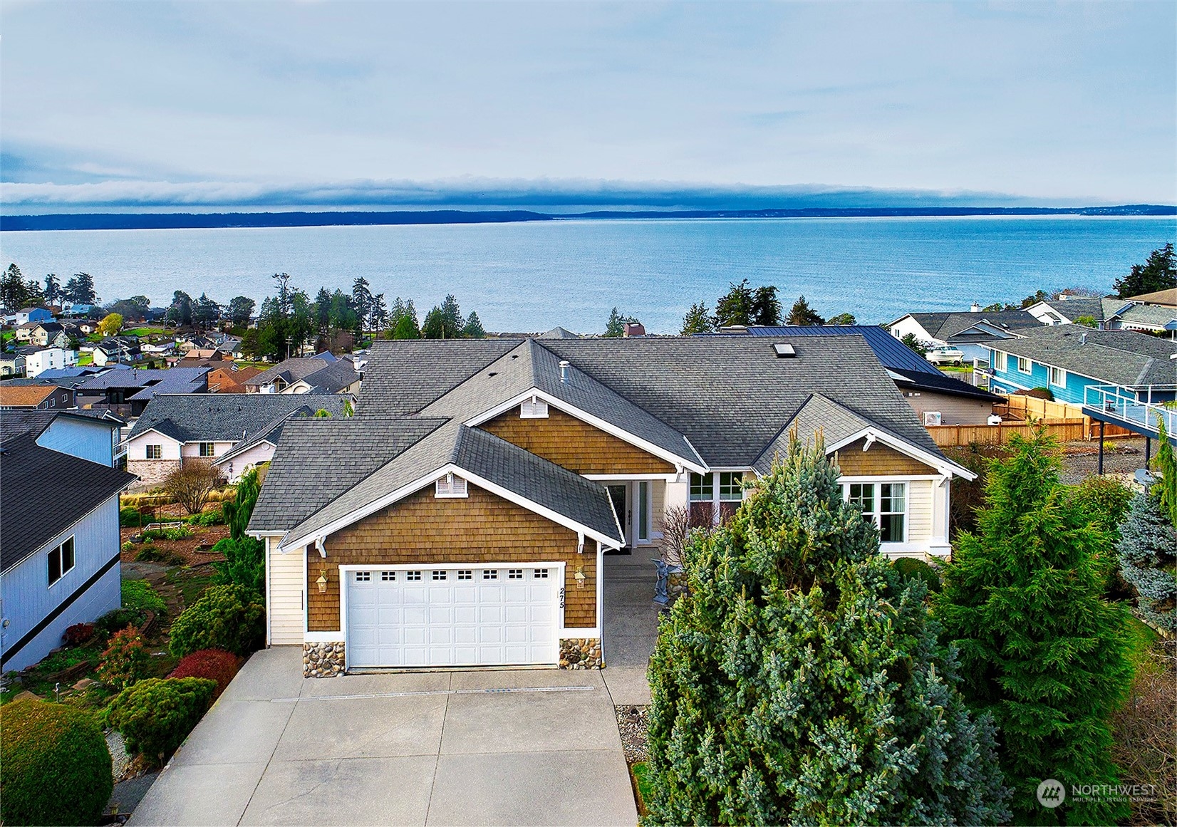 an aerial view of a house with a yard and potted plants