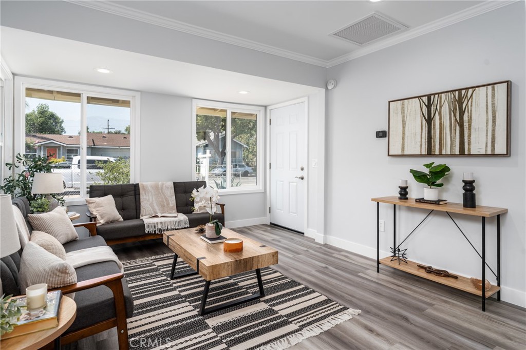 a living room with furniture a rug and a window