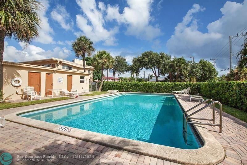 a view of swimming pool with lawn chairs and plants