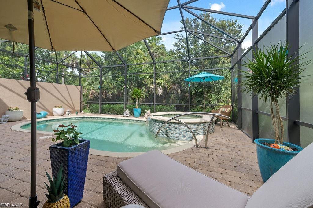 View of pool featuring a lanai, a jacuzzi, and a patio area