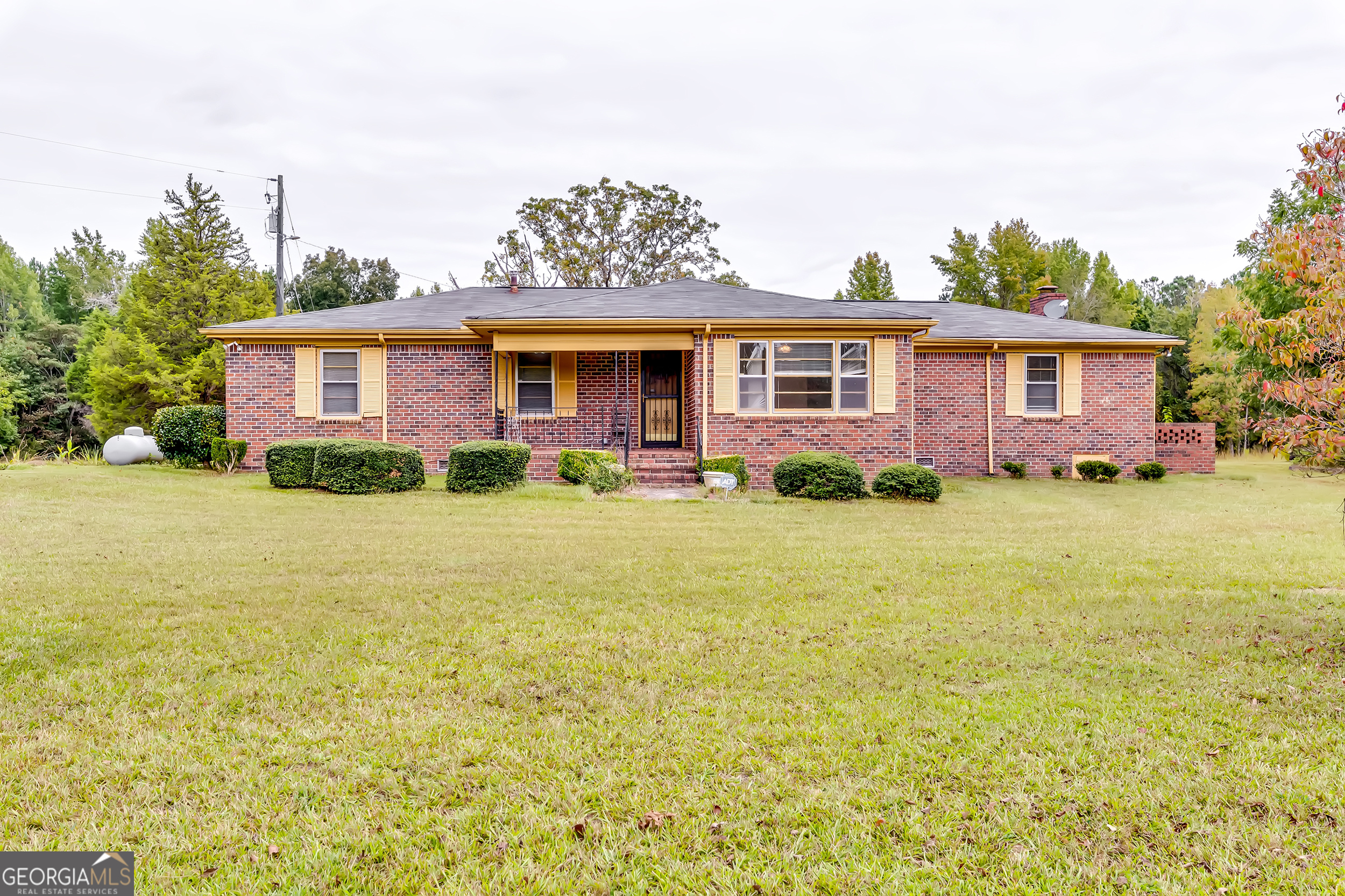 a front view of a house with yard and green space