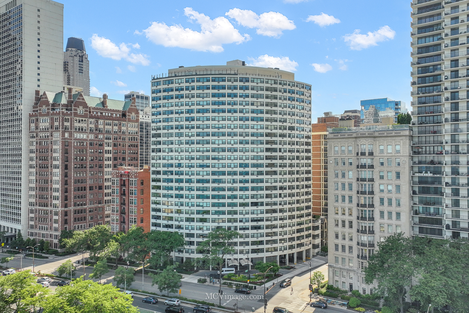 a view of a city with tall buildings