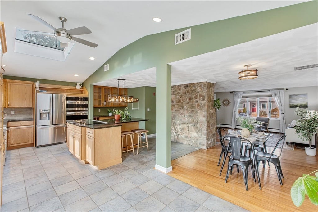 a view of a dining room with furniture