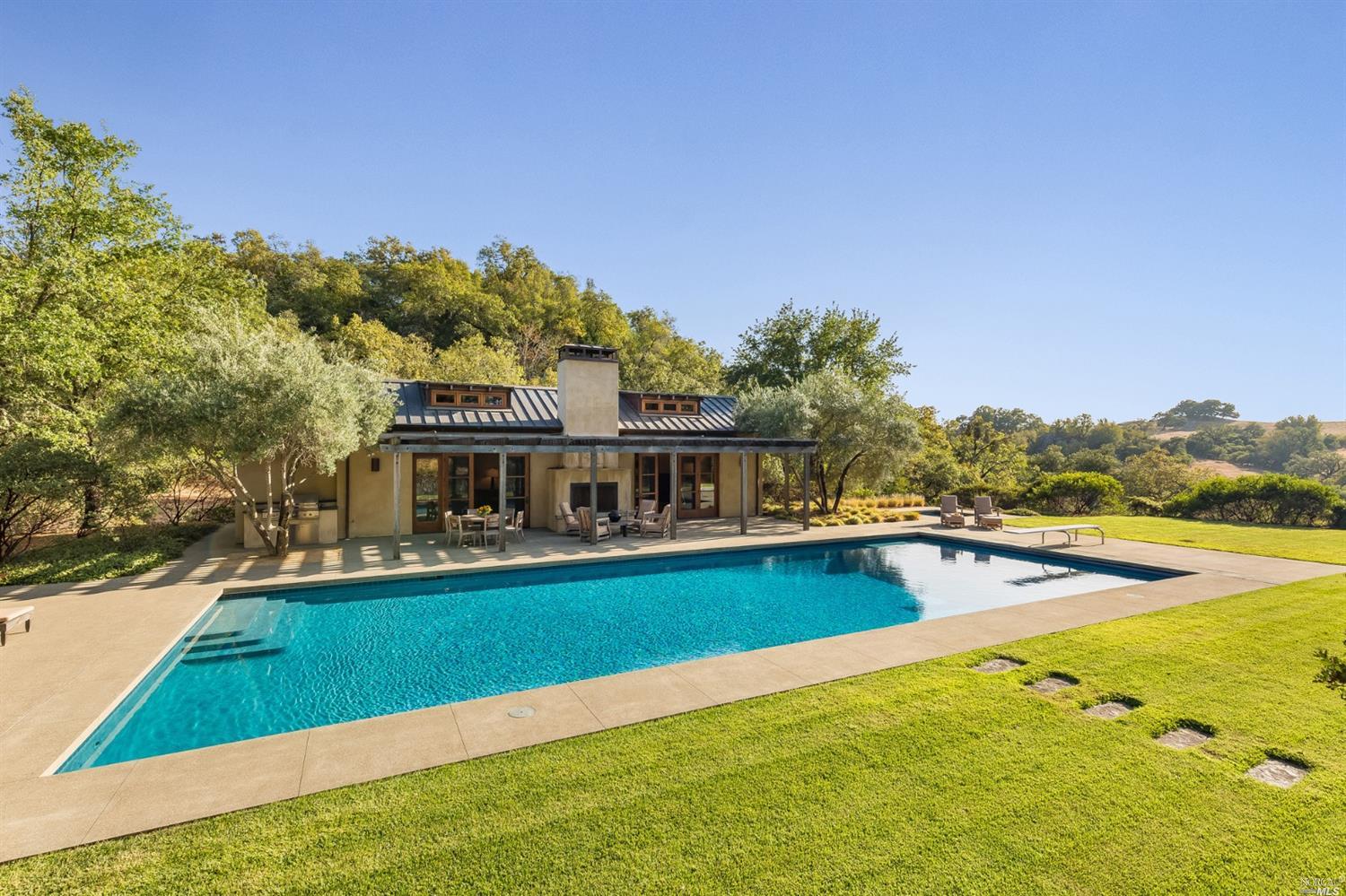 a view of a swimming pool with lawn chairs and plants