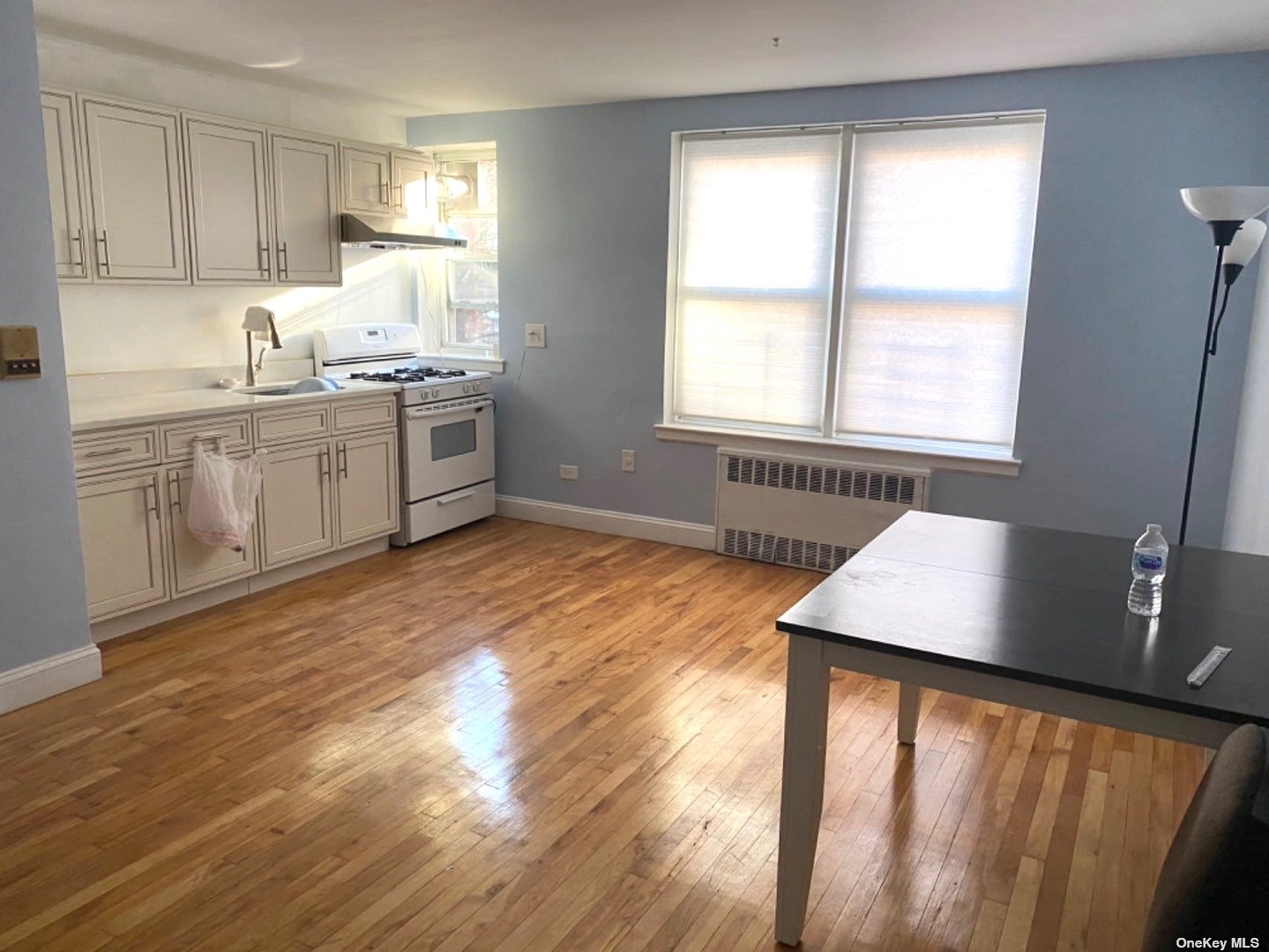 a kitchen with stainless steel appliances a sink cabinets and wooden floor