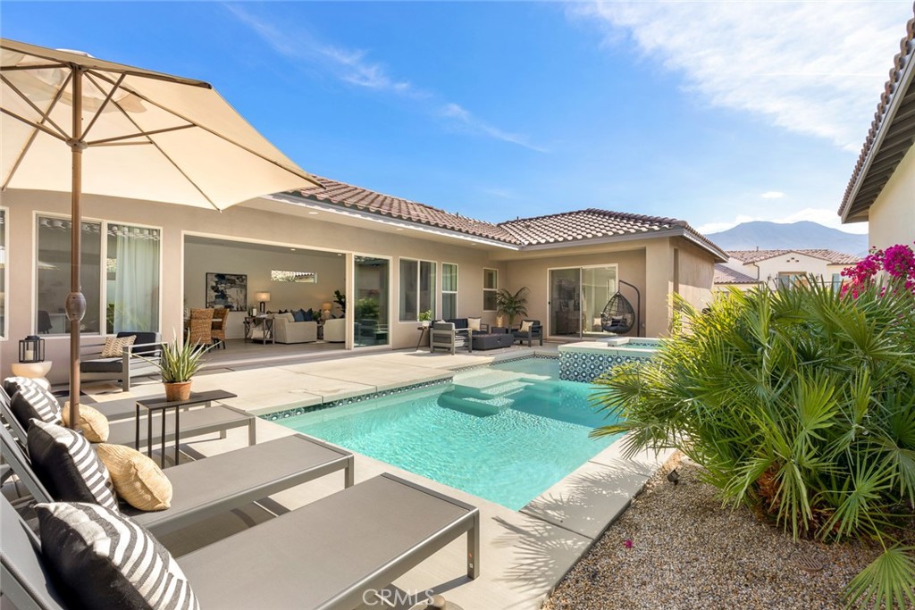 front view of a house with a patio