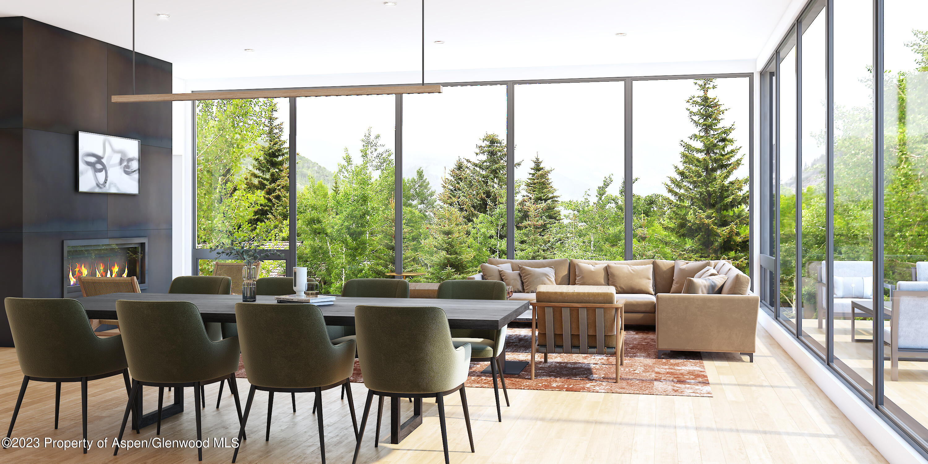 a view of a dining room with furniture window and outside view