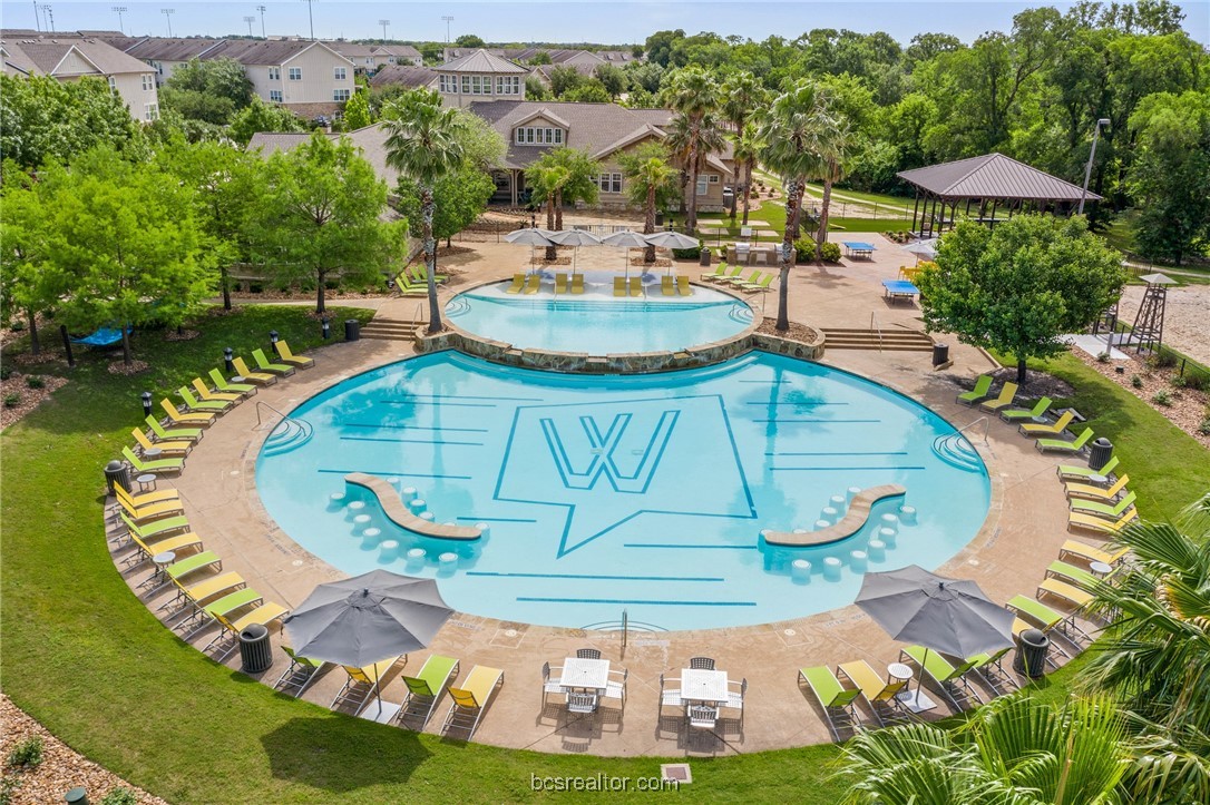 an aerial view of a swimming pool