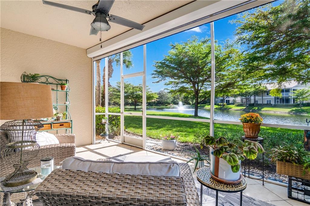 a garden view with a seating space