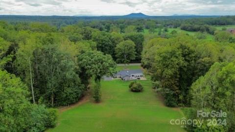 a view of a lush green forest with trees and some houses