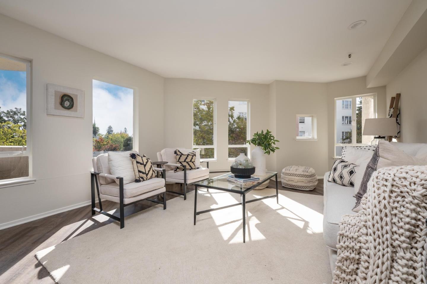 a living room with furniture and a potted plant