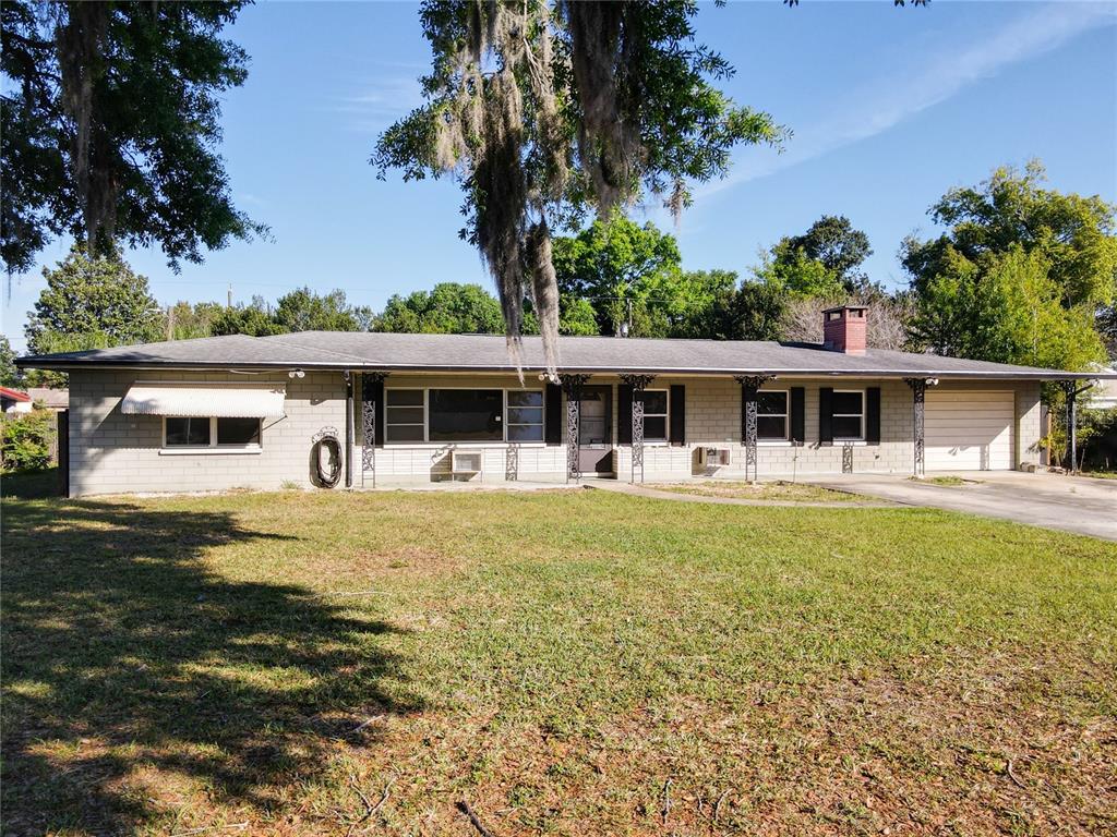 front view of a house with a patio