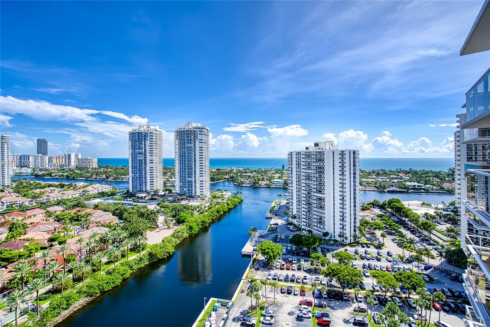 a city view with tall buildings