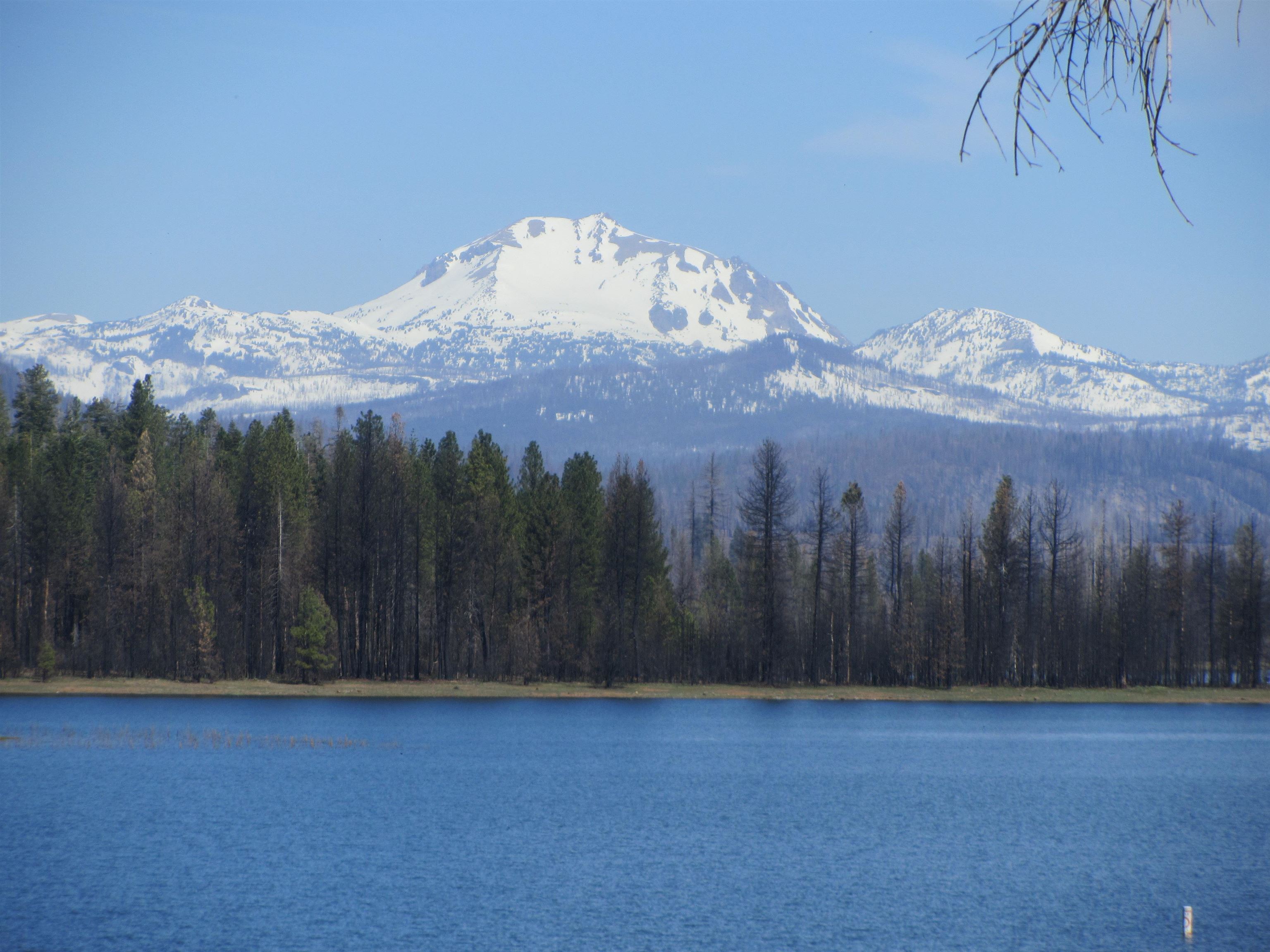 a view of a room with mountains in the background