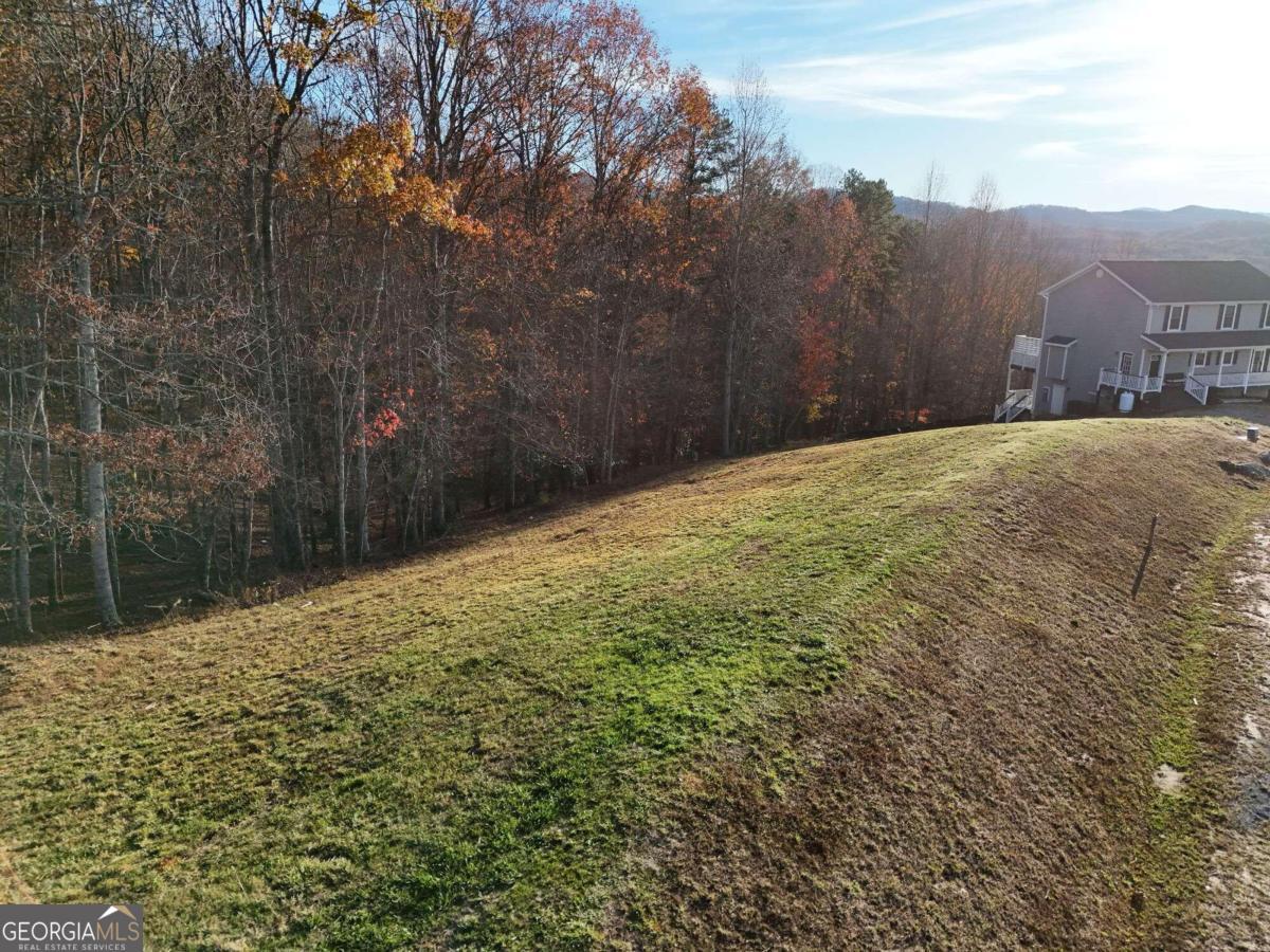 a view of a yard with a wooden fence