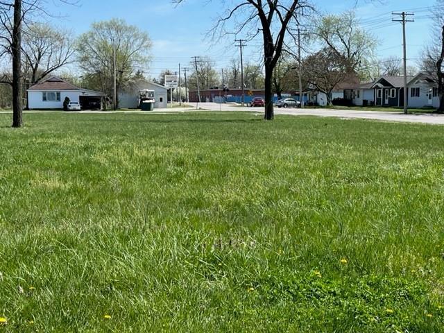 a view of a park with large trees