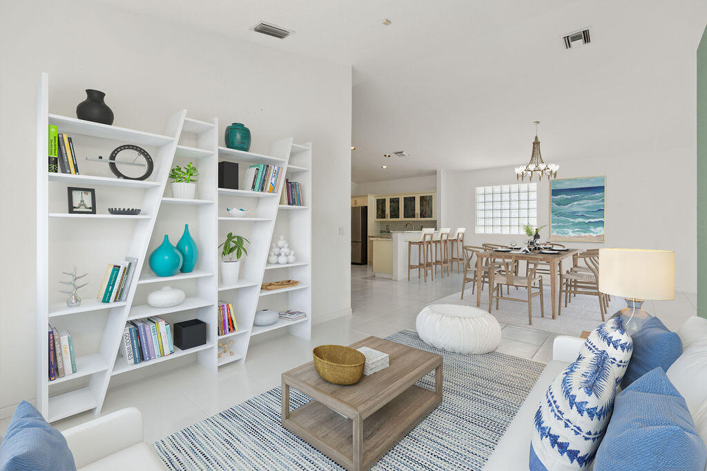 a living room with furniture and a table