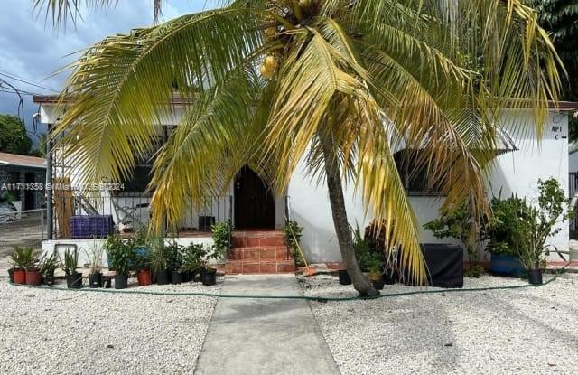 a row of palm trees and sign on a sidewalk