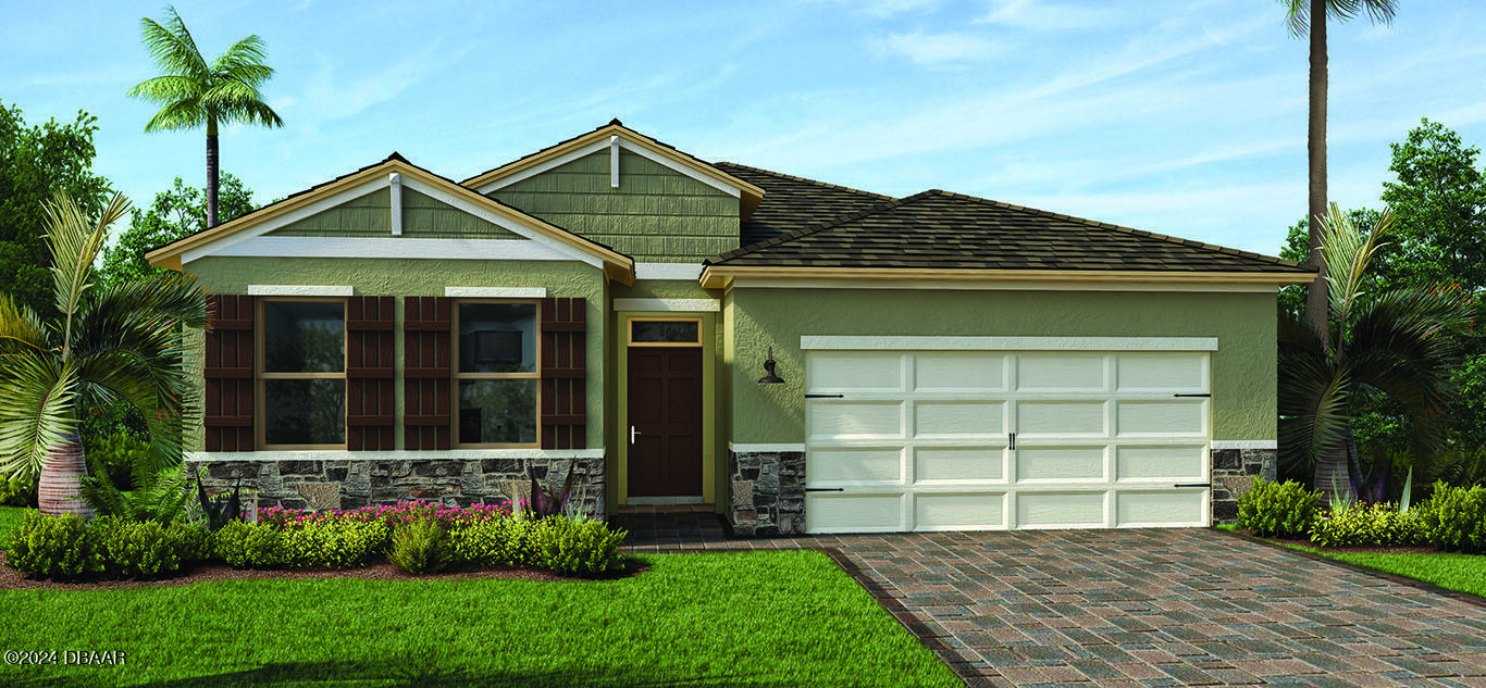 a front view of a house with a yard and potted plants