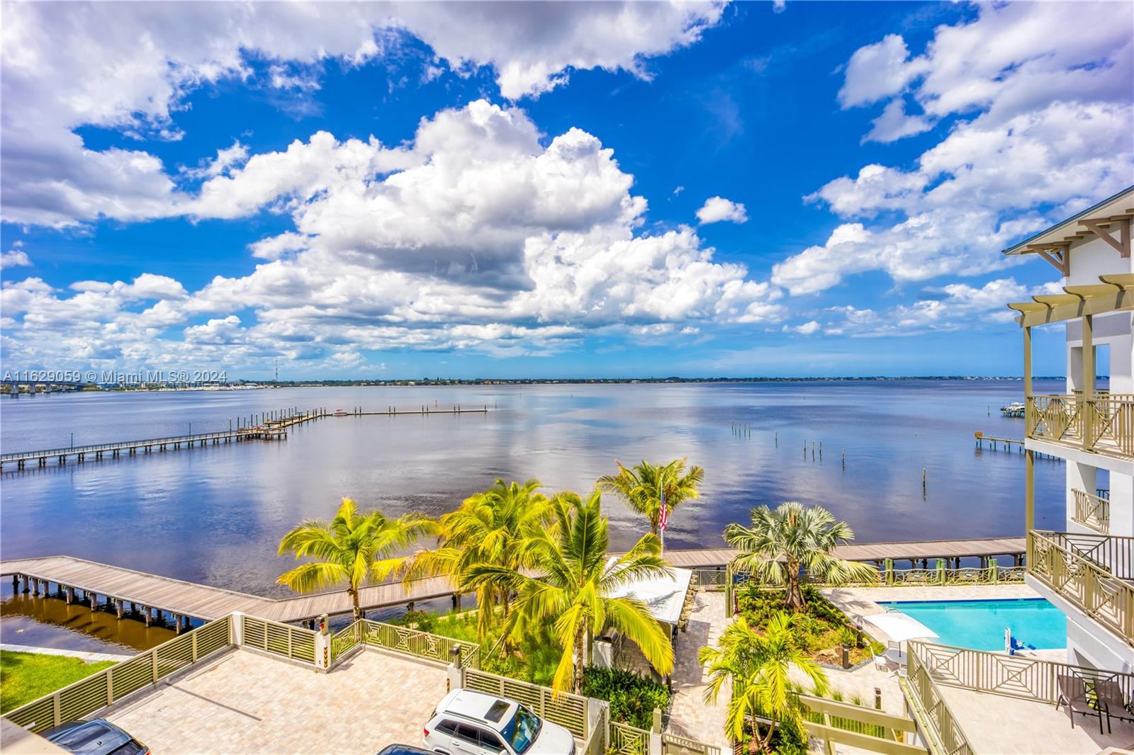 a view of a lake with a big yard